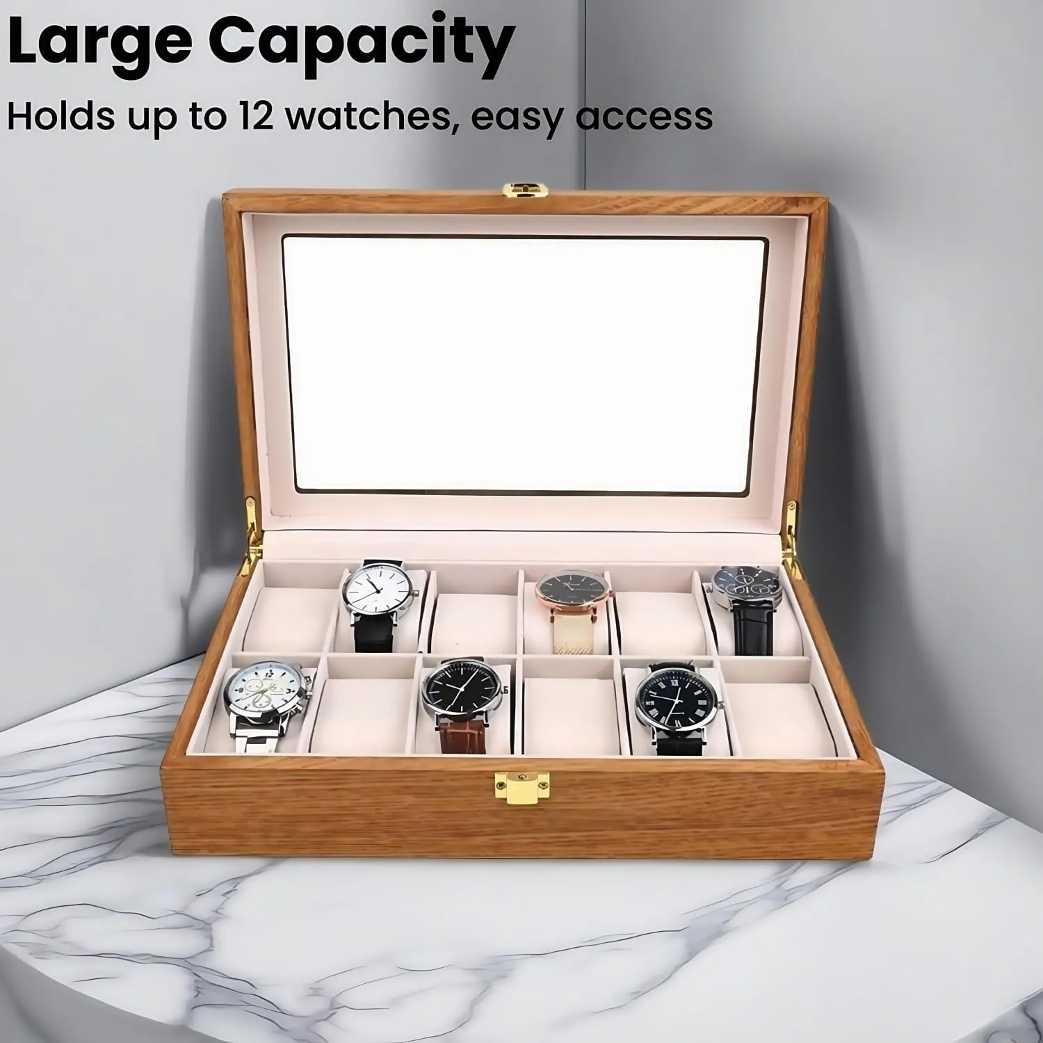 Organizer for Men, with Glass Lid Offers 12 Slots and Is Made twig of Rosewood to Provide Exquisite Protection and Display for Your Watch(beige) Watch Box 