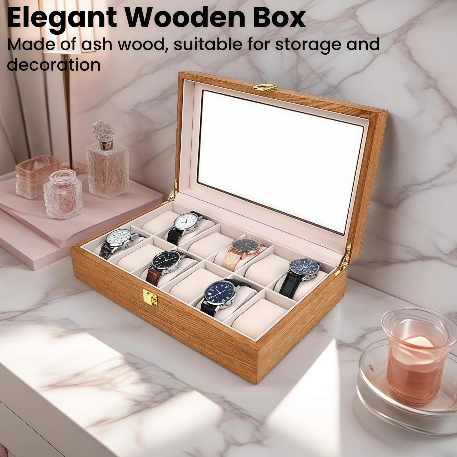Organizer for Men, with Glass Lid Offers 12 Slots and Is Made twig of Rosewood to Provide Exquisite Protection and Display for Your Watch(beige) Watch Box 