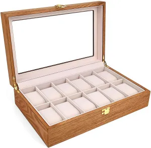 Organizer for Men, with Glass Lid Offers 12 Slots and Is Made twig of Rosewood to Provide Exquisite Protection and Display for Your Watch(beige) Watch Box 