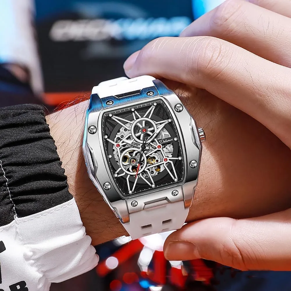 Out Mechanical Gear Watch for poster assign normally association lobster annoyed Men Tonneau Skeleton Automatic Watches Luminous Waterproof Silicone Strap Trendy Sports Business Wristwatch Avant-Garde Design Hollow 