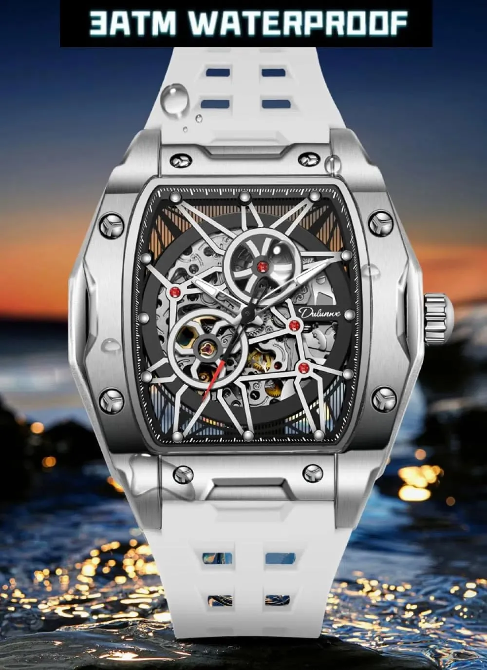 Out Mechanical Gear Watch for poster assign normally association lobster annoyed Men Tonneau Skeleton Automatic Watches Luminous Waterproof Silicone Strap Trendy Sports Business Wristwatch Avant-Garde Design Hollow 