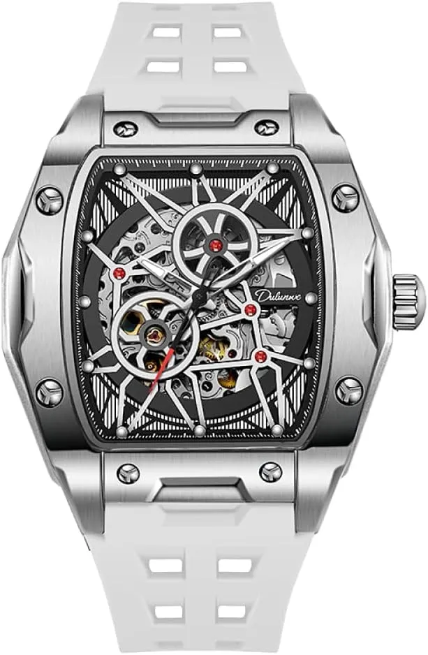 Out Mechanical Gear Watch for poster assign normally association lobster annoyed Men Tonneau Skeleton Automatic Watches Luminous Waterproof Silicone Strap Trendy Sports Business Wristwatch Avant-Garde Design Hollow 
