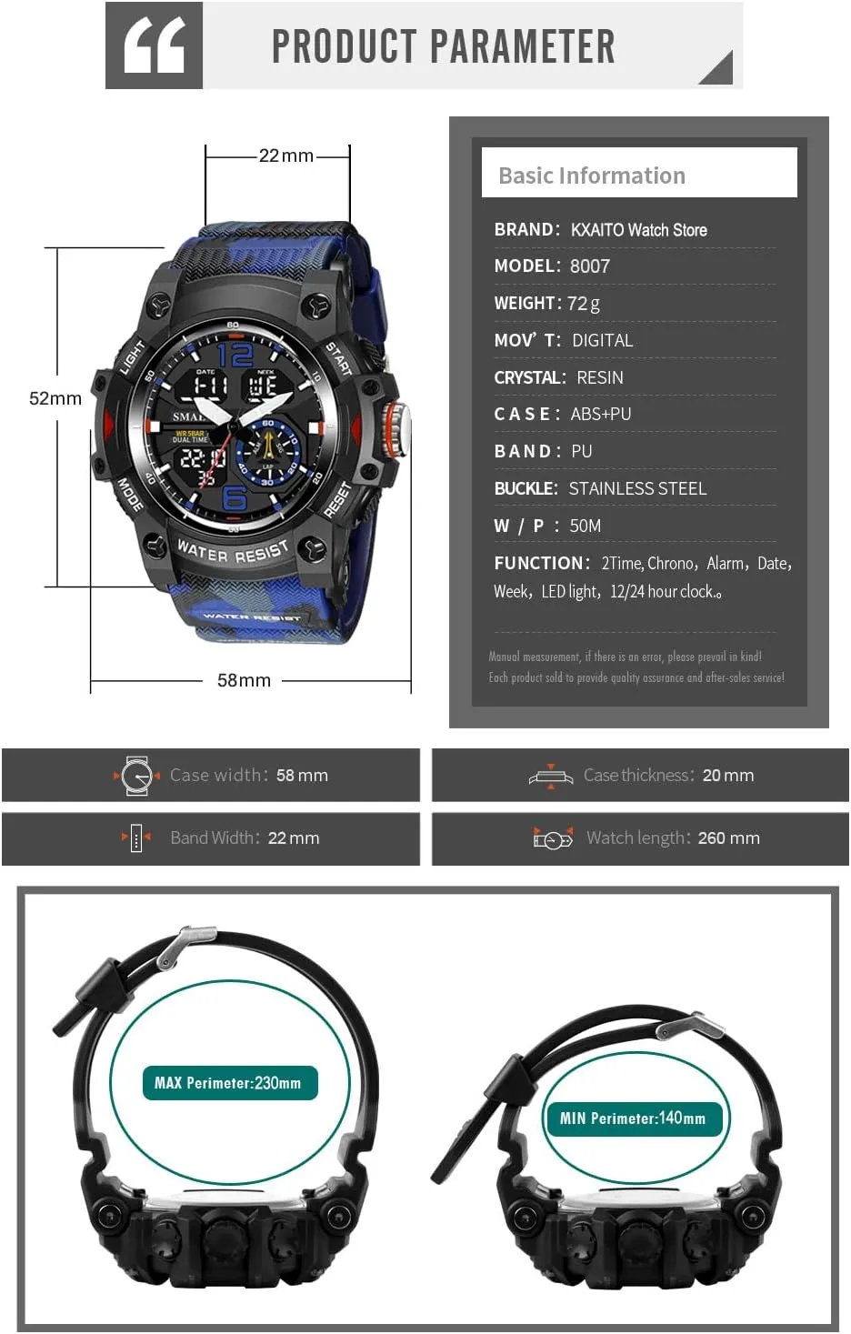 Outdoor LED Stopwatch finance Digital Electronic Large Dual Display Waterproof Tactical Army Wrist Watches for Men 8007 KXAITO Men's Analog Sports Watch Military Watch 