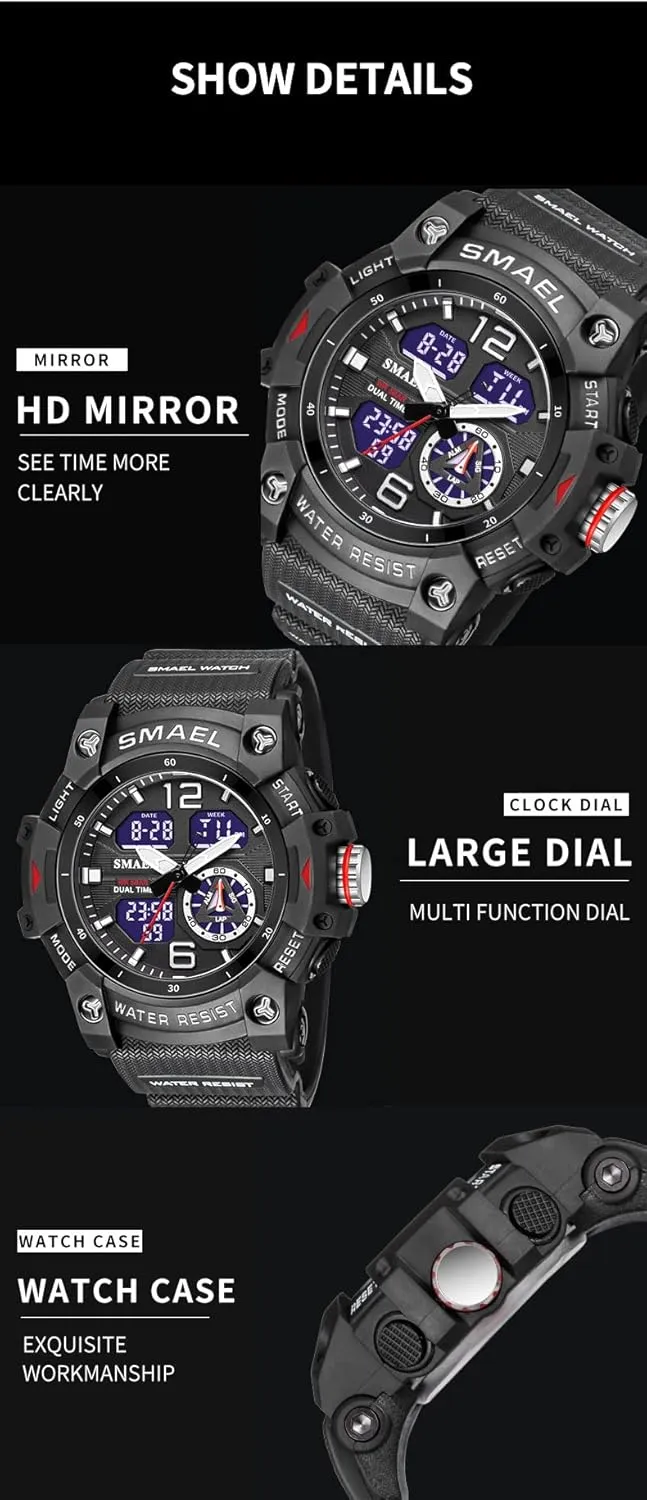 Outdoor LED Stopwatch finance Digital Electronic Large Dual Display Waterproof Tactical Army Wrist Watches for Men 8007 KXAITO Men's Analog Sports Watch Military Watch 