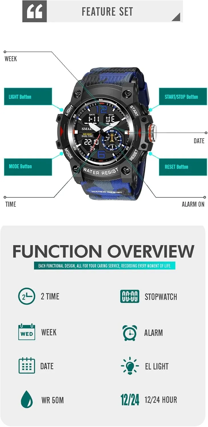 Outdoor LED Stopwatch finance Digital Electronic Large Dual Display Waterproof Tactical Army Wrist Watches for Men 8007 KXAITO Men's Analog Sports Watch Military Watch 