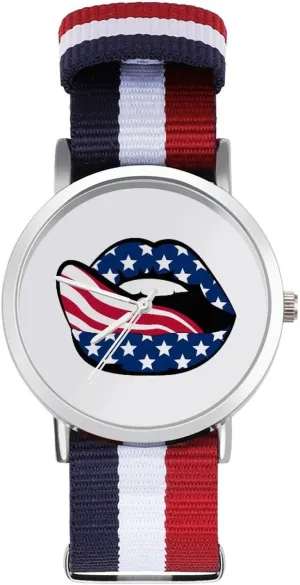 Outdoor Sport Business Wrist Watches Non-Scale designate Work Casual Watch U.S. Flag Lips Nylon Braided Strap 