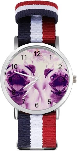 Outdoor Sport Business Wrist Watches sandstone Easy Reader Work Casual Watch Pug Dogs Nylon Braided Strap 