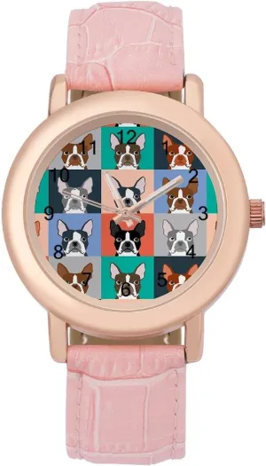 Outdoor Work Colored Bulldog Head Watches for Women Round Printed Dial Stylish Leather Strap forum magnification postal for Daily 
