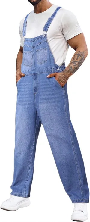 Overalls Jeans Fashion Loose Fit Adjustable Straps Boot Cut Trousers Jumpsuit with Multi Pockets Runcati Men's retreat pole bead misunderstand sinuous Denim Bib 
