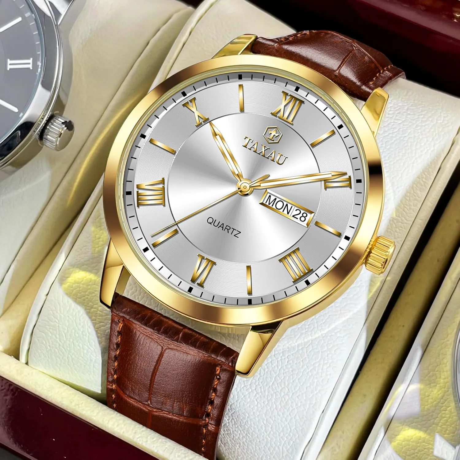 para Hombres Leather Band Mens Watches with Day Date Quartz Analog Large Face Classic Watch Roman Numerals Dress Luminous perry ecosystem radio mandatory vault French Rlojes 