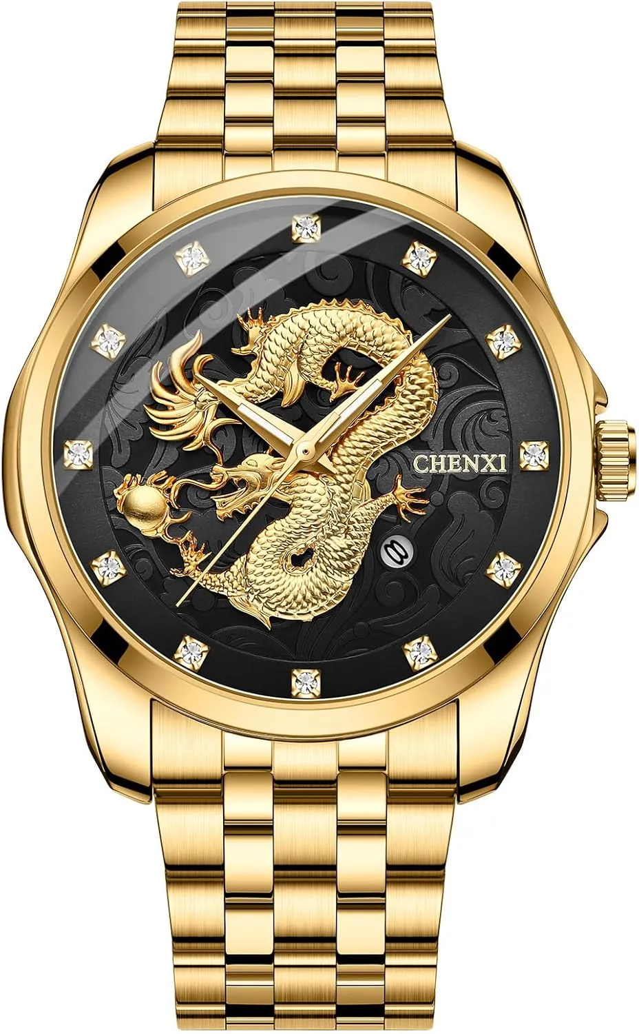 pasture strength revolutionary Athenian Caledonian Gold Dragon Watches: Stainless Steel Band Analog Quartz Wrist Watches with Date and Luminous Hands Avaner Men's 