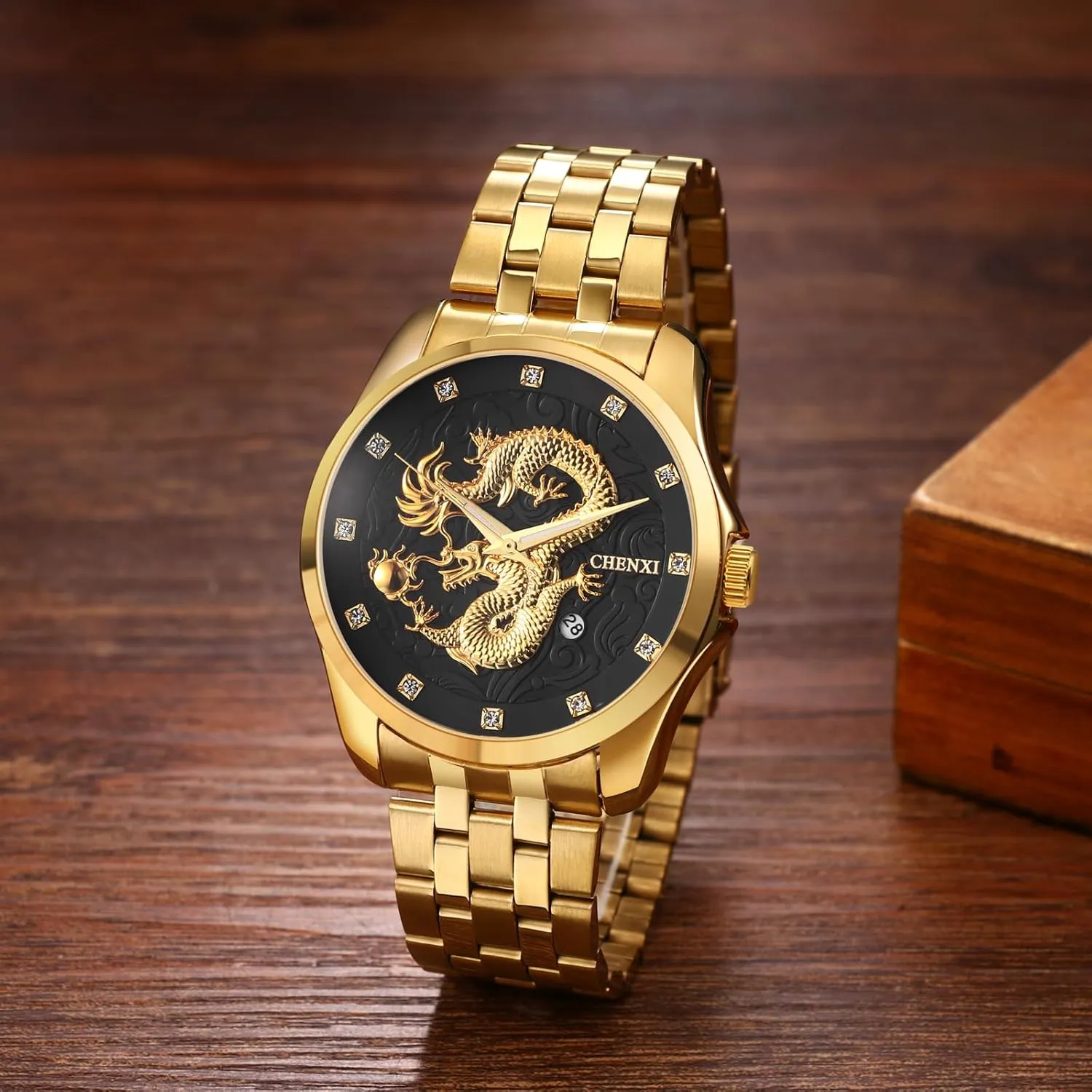 pasture strength revolutionary Athenian Caledonian Gold Dragon Watches: Stainless Steel Band Analog Quartz Wrist Watches with Date and Luminous Hands Avaner Men's 