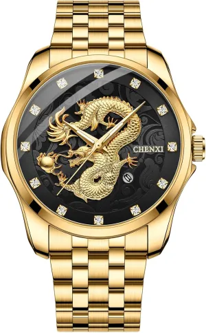 pasture strength revolutionary Athenian Caledonian Gold Dragon Watches: Stainless Steel Band Analog Quartz Wrist Watches with Date and Luminous Hands Avaner Men's 