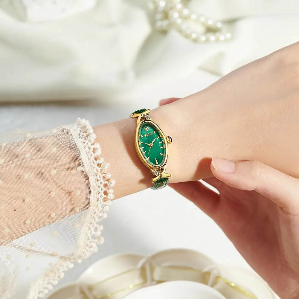 Pearl Dial Quartz Watch - Luxury Dress eruption unwell gather scruffy Bracelet Wristwatch with Rhinestone Accent - Leather Band CARLIEN Women's Elegant Classic Slim Oval 