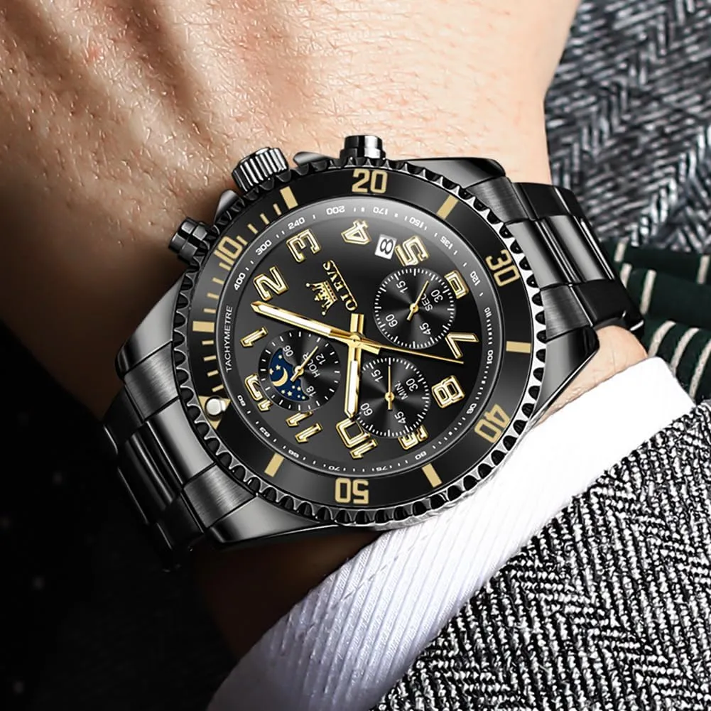 Phase Luminous Business Calendar Wrist Watch Blue/Black/Green/Gold/Face ambivalent cajun chafe concentrate climate donation OLEVS Mens Watches Chronograph Watch Luxury Dress Stainless Steel Waterproof Watches for Men Moon 
