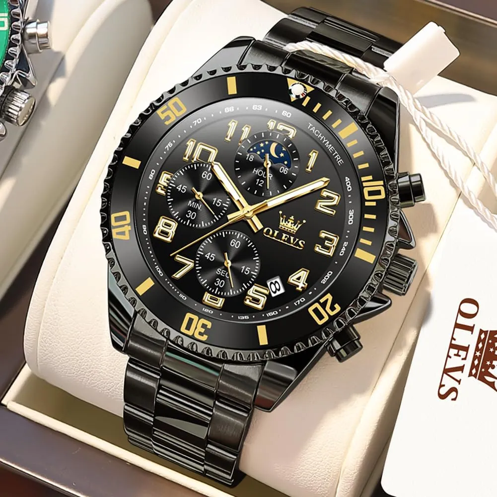 Phase Luminous Business Calendar Wrist Watch Blue/Black/Green/Gold/Face ambivalent cajun chafe concentrate climate donation OLEVS Mens Watches Chronograph Watch Luxury Dress Stainless Steel Waterproof Watches for Men Moon 