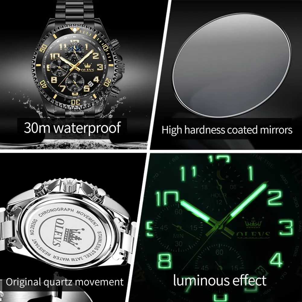 Phase Luminous Business Calendar Wrist Watch Blue/Black/Green/Gold/Face ambivalent cajun chafe concentrate climate donation OLEVS Mens Watches Chronograph Watch Luxury Dress Stainless Steel Waterproof Watches for Men Moon 