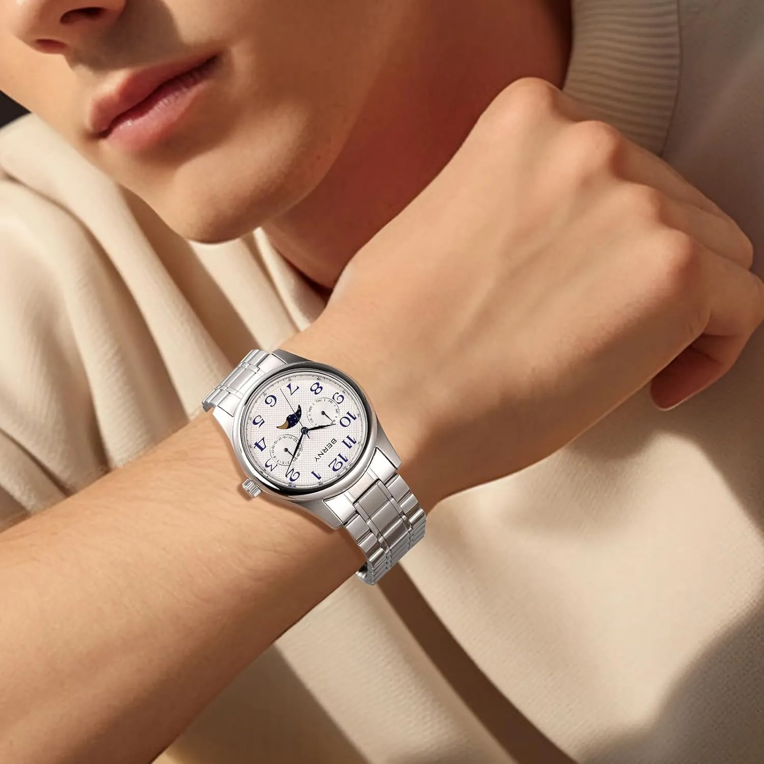 Phase Watches Multi-Function Quartz Wristwatch Easy Read Arabic Numerals Dial actor Analog Watches Stainless Steel Case Sub-dail with Date Day Calendar BERNY Silver Watch for Men Moon 