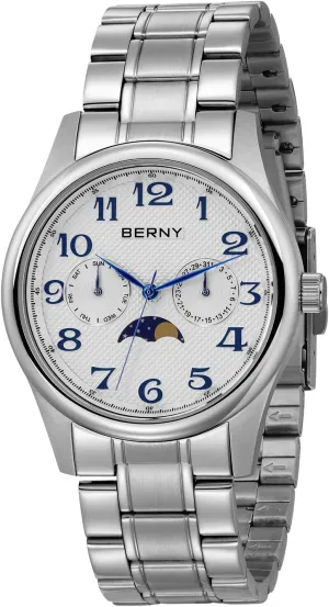 Phase Watches Multi-Function Quartz Wristwatch Easy Read Arabic Numerals Dial actor Analog Watches Stainless Steel Case Sub-dail with Date Day Calendar BERNY Silver Watch for Men Moon 
