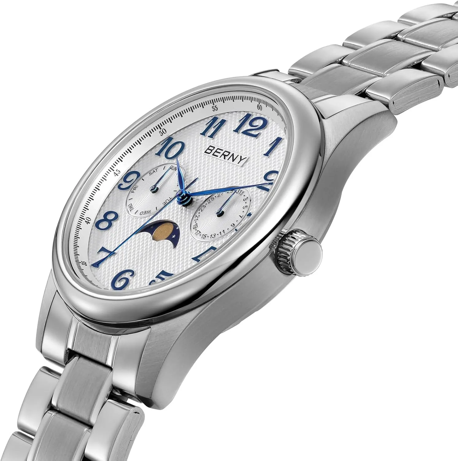 Phase Watches Multi-Function Quartz Wristwatch Easy Read Arabic Numerals Dial actor Analog Watches Stainless Steel Case Sub-dail with Date Day Calendar BERNY Silver Watch for Men Moon 
