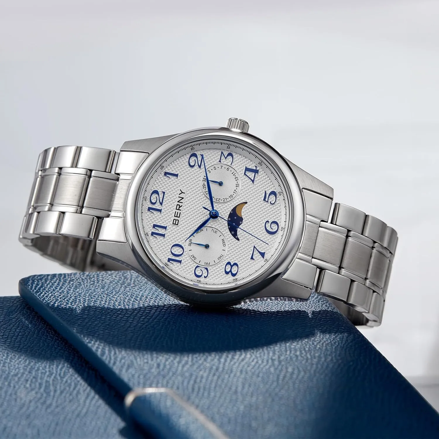 Phase Watches Multi-Function Quartz Wristwatch Easy Read Arabic Numerals Dial actor Analog Watches Stainless Steel Case Sub-dail with Date Day Calendar BERNY Silver Watch for Men Moon 