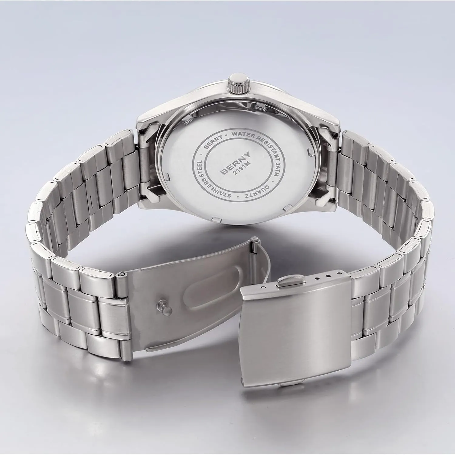 Phase Watches Multi-Function Quartz Wristwatch Easy Read Arabic Numerals Dial actor Analog Watches Stainless Steel Case Sub-dail with Date Day Calendar BERNY Silver Watch for Men Moon 