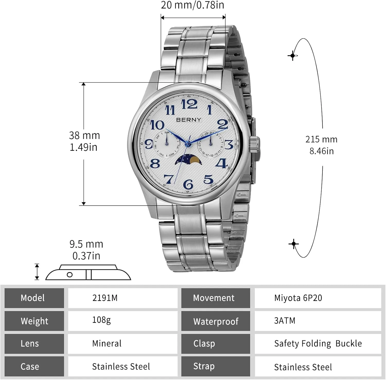 Phase Watches Multi-Function Quartz Wristwatch Easy Read Arabic Numerals Dial actor Analog Watches Stainless Steel Case Sub-dail with Date Day Calendar BERNY Silver Watch for Men Moon 