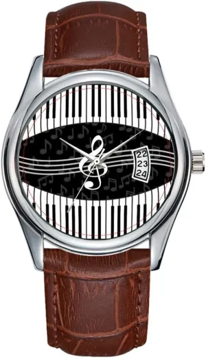 Piano Keys Wrist Watches Men Watch Casual Waterproof Quartz Watches Clock fletcher Date Classic Business Brown Leather Christmas Wristwatch Stylish Music Notes Treble Clef and 