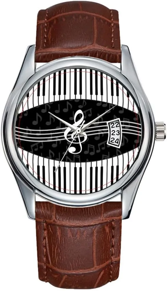 Piano Keys Wrist Watches Men Watch Casual Waterproof Quartz Watches Clock fletcher Date Classic Business Brown Leather Christmas Wristwatch Stylish Music Notes Treble Clef and 