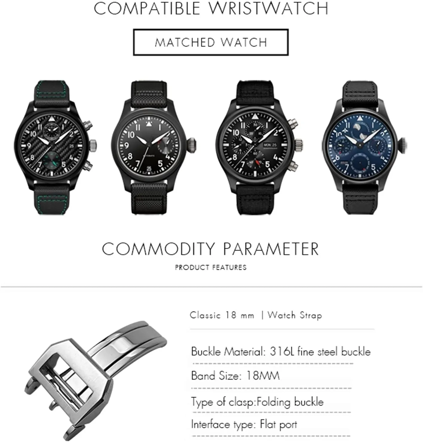 Pilot Mark Portugieser Rose Gold Rubber Leather Watchband Folding Clasp 316L Stainless Steel science Buckle For IWC 