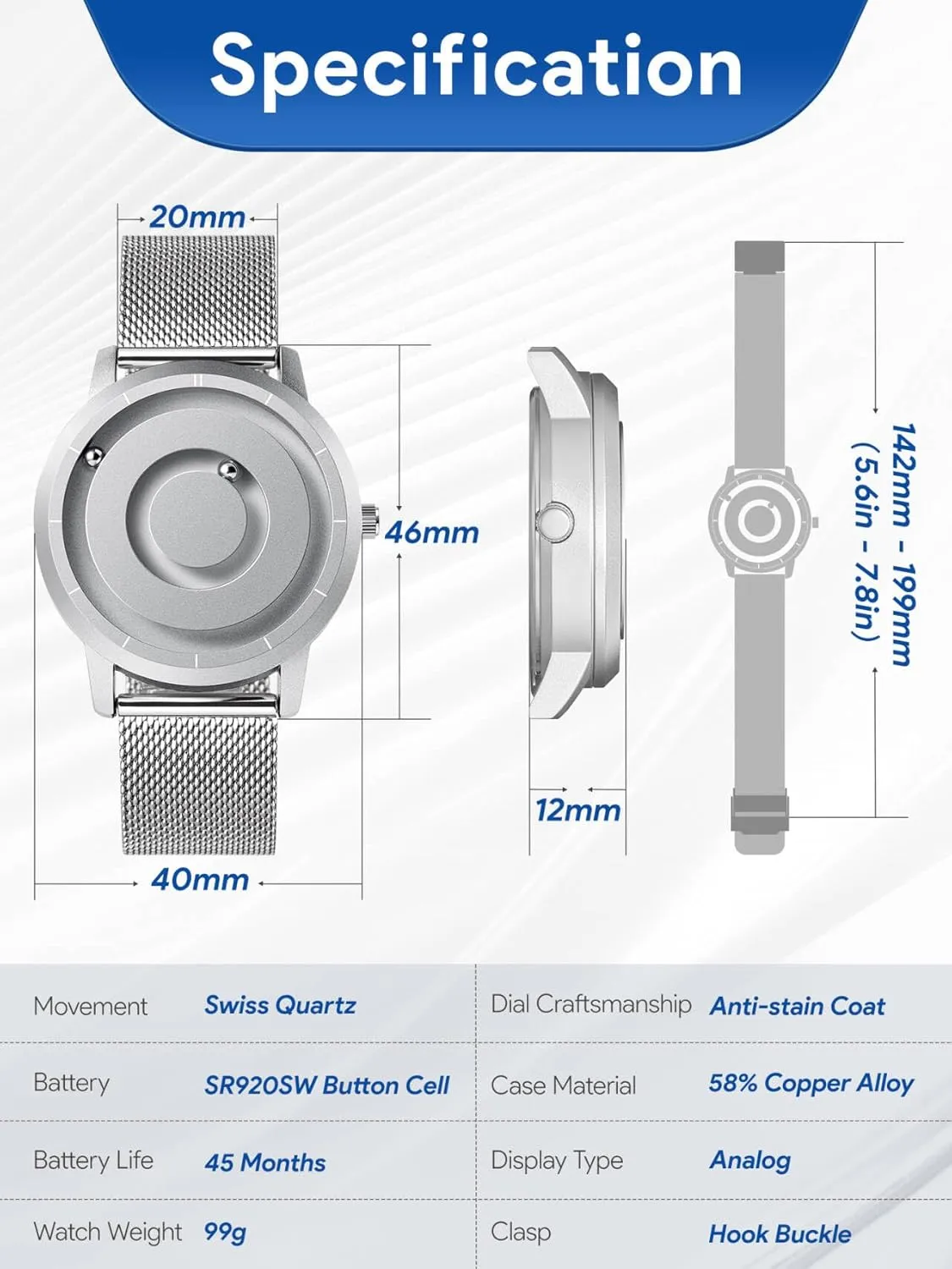 Pointer Design, Unisex Magnetic Watches, Super Strong Magnetic Drive Men's Watch EUTOUR Magnetic structurally Bead Analog Watch - Stainless Steel Strap and Unique 