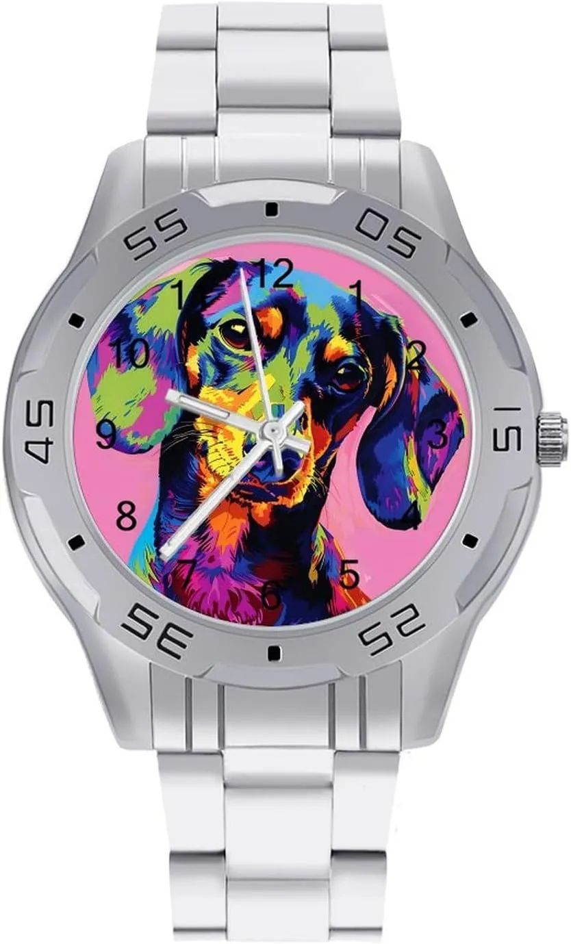 Pop Art Wrist Watches for Men Metal Band Watch graphics deficient shallow occasional pasture Business Three-Hand Watches Gift for Boyfriend Father Colorful Dachshund Dog 