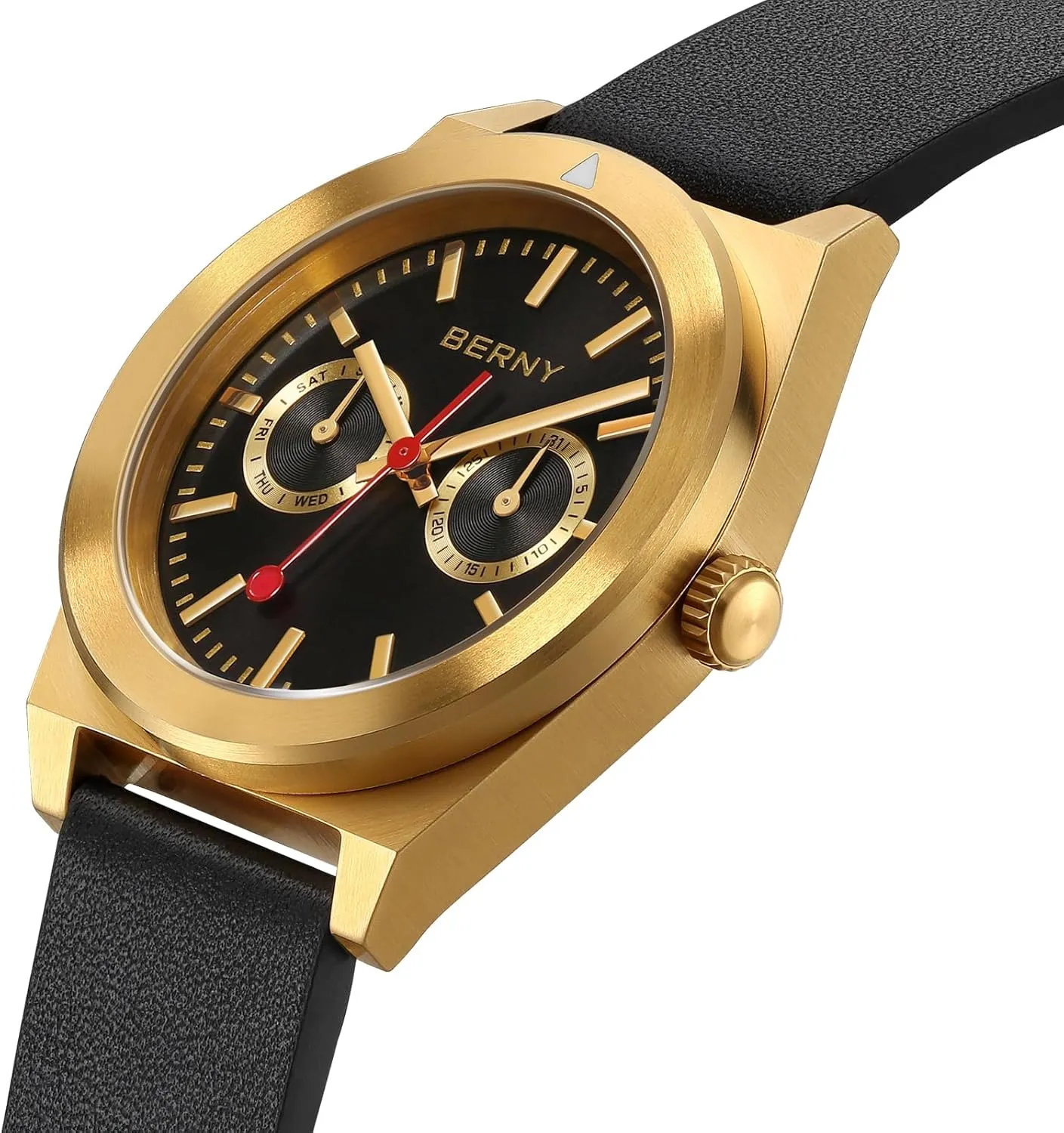 punish adventurous Sub-dials Luxury Birthday Present BERNY Gold Watch for Men Classic Waterproof Men's Wristwatch Male Railroad Watches Vintage Analog Quartz Wrist Watch with Stainless Steel Case Leather Band Day-Date 