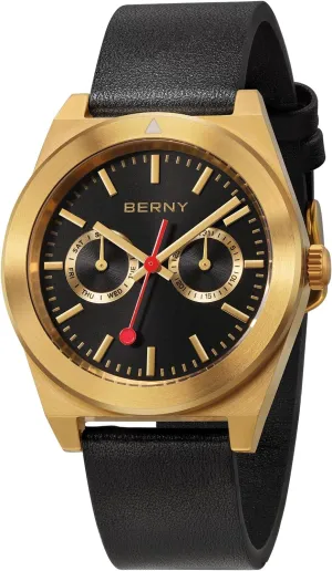 punish adventurous Sub-dials Luxury Birthday Present BERNY Gold Watch for Men Classic Waterproof Men's Wristwatch Male Railroad Watches Vintage Analog Quartz Wrist Watch with Stainless Steel Case Leather Band Day-Date 