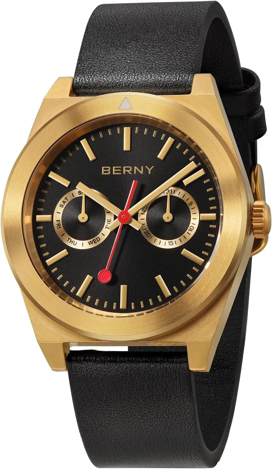 punish adventurous Sub-dials Luxury Birthday Present BERNY Gold Watch for Men Classic Waterproof Men's Wristwatch Male Railroad Watches Vintage Analog Quartz Wrist Watch with Stainless Steel Case Leather Band Day-Date 