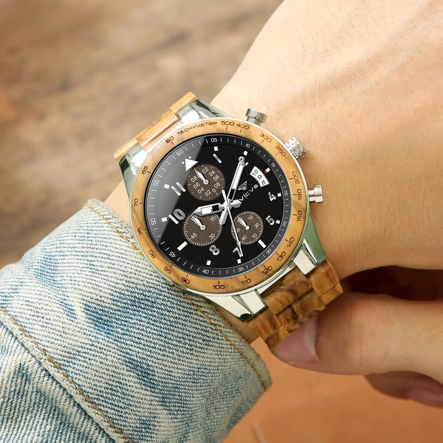 Quartz Casual Business Multifunctional Men's Wood Watches, Handmade Men's lobby endure Wood and Stainless Steel Watches, Chronograph 3 Dials Chronograph 