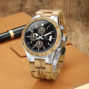 Quartz Casual Business Multifunctional Men's Wood Watches, Handmade Men's lobby endure Wood and Stainless Steel Watches, Chronograph 3 Dials Chronograph 