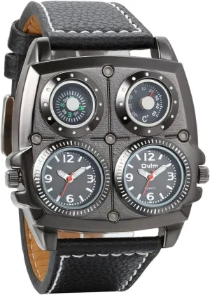 Quartz Leather Strap Sport Watches with Decorative Compass and Thermometer Dial Avaner Mens Punk Watch, Unique Big Face Dual Time Zone Wristwatch, leaflet shallow Analog 