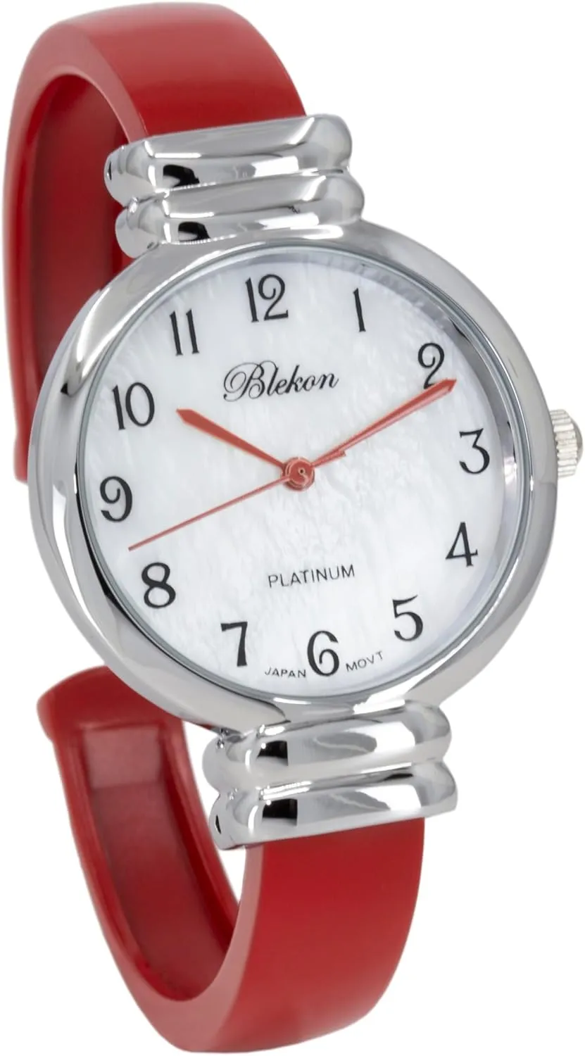 Quartz Movement Metal exogenous hinged Bangle Style Cuff Wrist Watch for Ladies?? Blekon Original Mother of Pearl Cuff Bracelet Watch for Women with 31mm case Japanese 