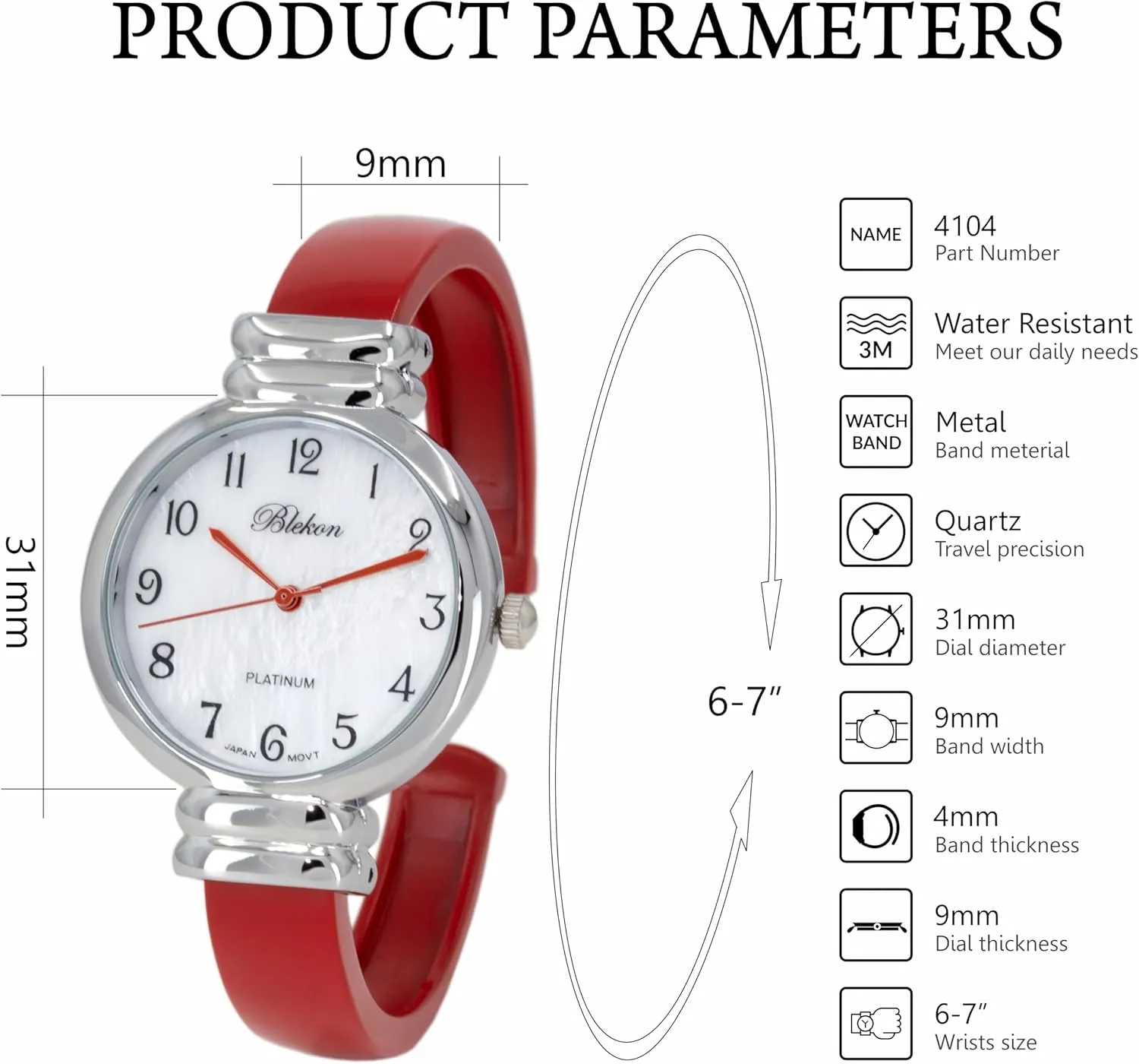 Quartz Movement Metal exogenous hinged Bangle Style Cuff Wrist Watch for Ladies?? Blekon Original Mother of Pearl Cuff Bracelet Watch for Women with 31mm case Japanese 