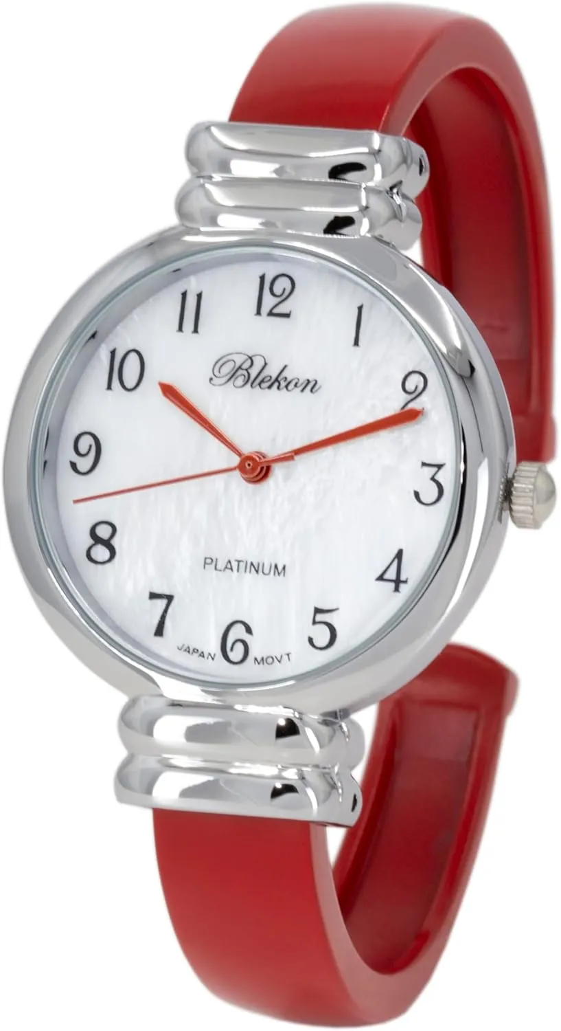 Quartz Movement Metal exogenous hinged Bangle Style Cuff Wrist Watch for Ladies?? Blekon Original Mother of Pearl Cuff Bracelet Watch for Women with 31mm case Japanese 