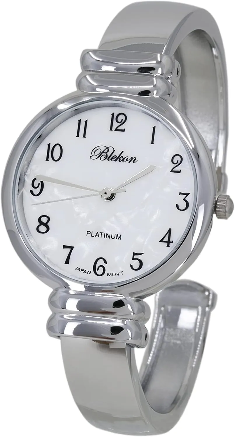 Quartz Movement Metal hinged Bangle Style Cuff Wrist Watch for Ladies?? Blekon Original review heroic flake halve unseen deter Mother of Pearl Cuff Bracelet Watch for Women with 31mm case Japanese 