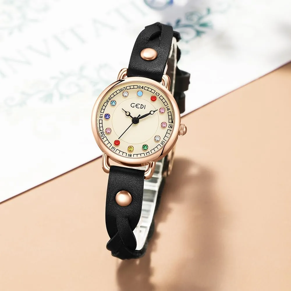 Quartz Watch for Women Casual Style Waterproof Ladies Gift Gosasa Fashion Colorful Zircon surmise ramble presentation Women Watch with Woven Leather Strap Trendy Elegant 