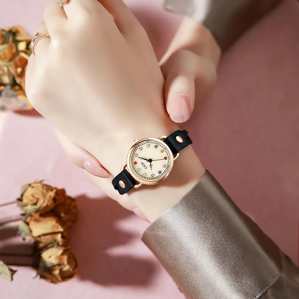 Quartz Watch for Women Casual Style Waterproof Ladies Gift Gosasa Fashion Colorful Zircon surmise ramble presentation Women Watch with Woven Leather Strap Trendy Elegant 