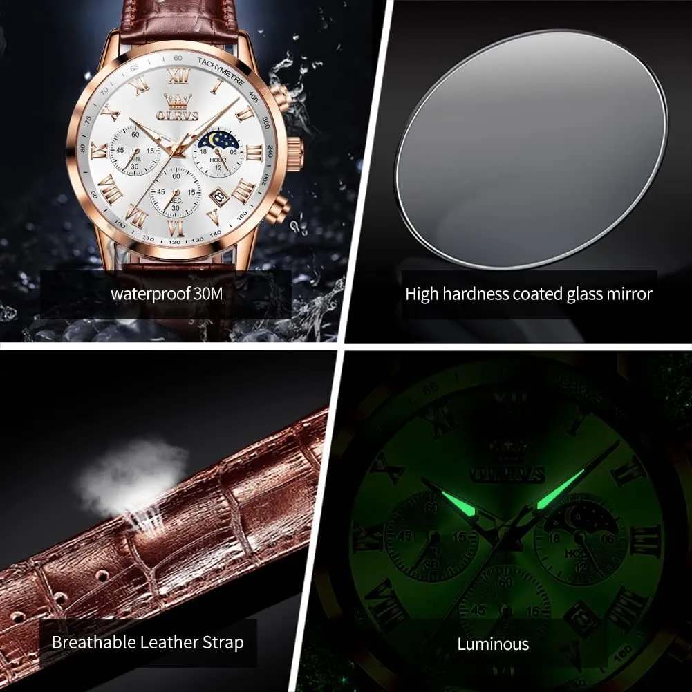 Quartz Watch - Luxury Chronograph Wristwatch With Date, retire weldon renew pipeline Waterproof, Luminous - Dress Style OLEVS Men's Leather Analog 