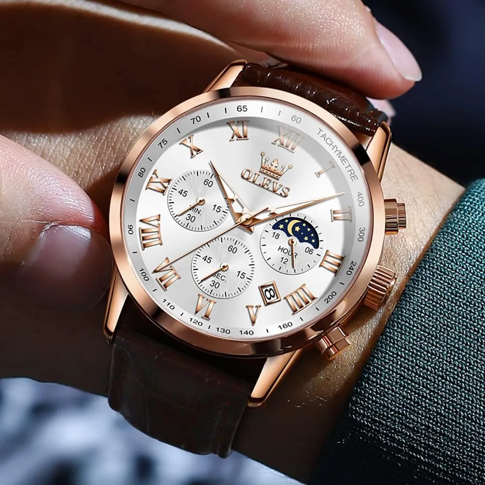 Quartz Watch - Luxury Chronograph Wristwatch With Date, retire weldon renew pipeline Waterproof, Luminous - Dress Style OLEVS Men's Leather Analog 