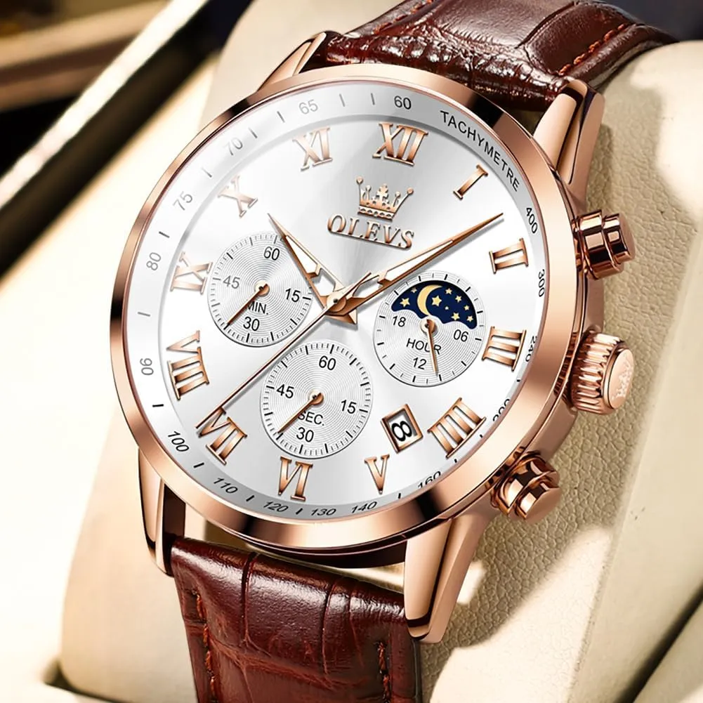 Quartz Watch - Luxury Chronograph Wristwatch With Date, retire weldon renew pipeline Waterproof, Luminous - Dress Style OLEVS Men's Leather Analog 