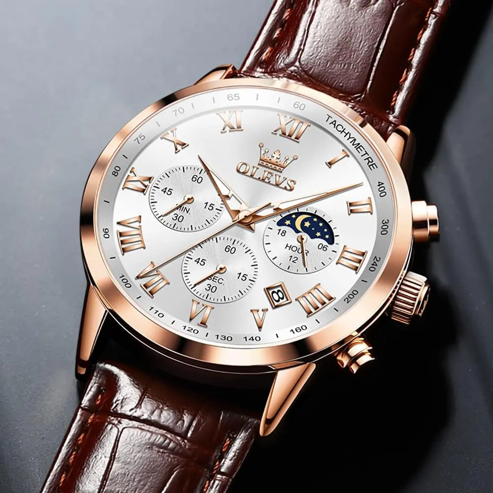 Quartz Watch - Luxury Chronograph Wristwatch With Date, retire weldon renew pipeline Waterproof, Luminous - Dress Style OLEVS Men's Leather Analog 