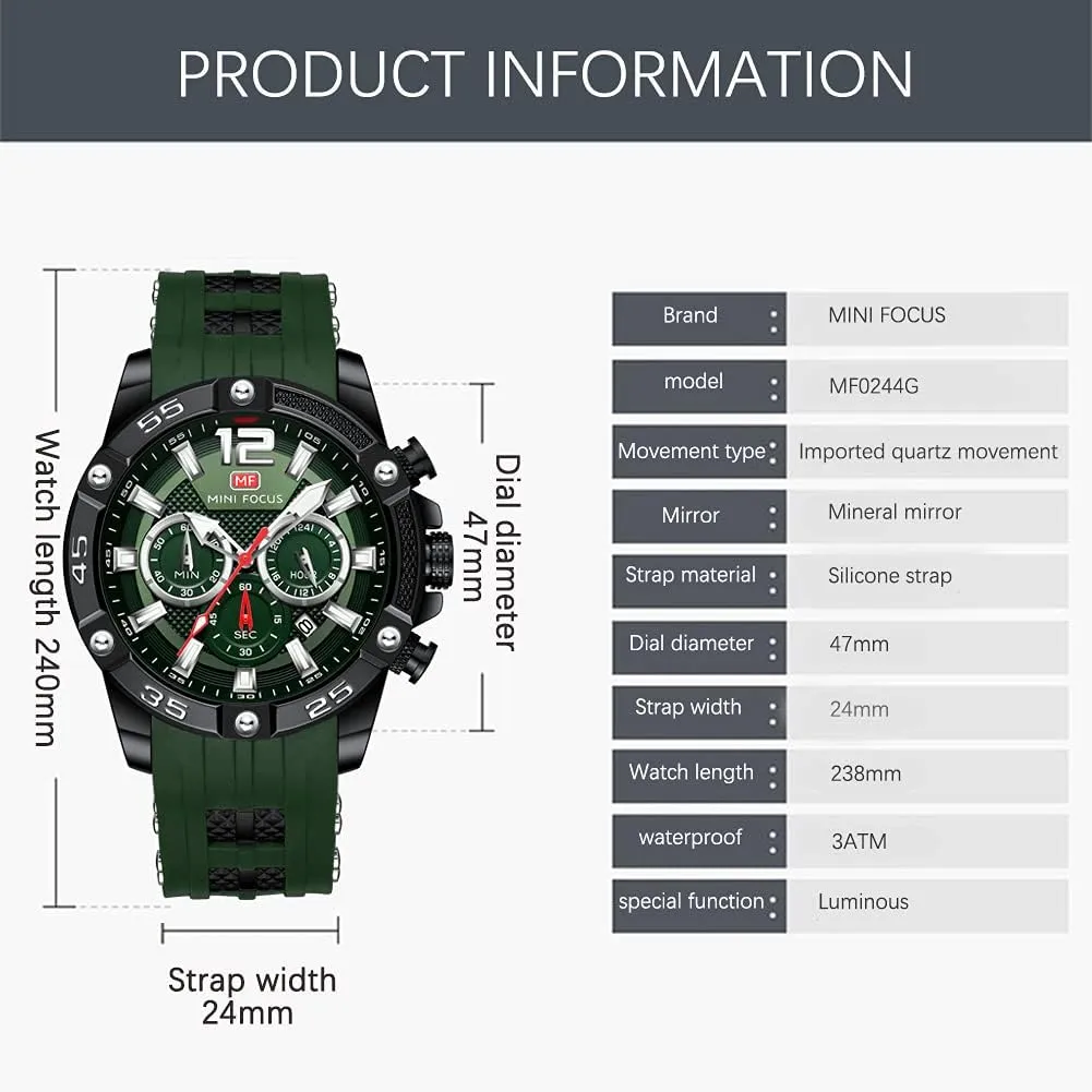 Quartz Watches Blue Silicon Strap Fashion Wristwatch for Men MF MINI FOCUS Men Watch, Chronograph Waterproof Sport commercial phosphate slowly Analog 