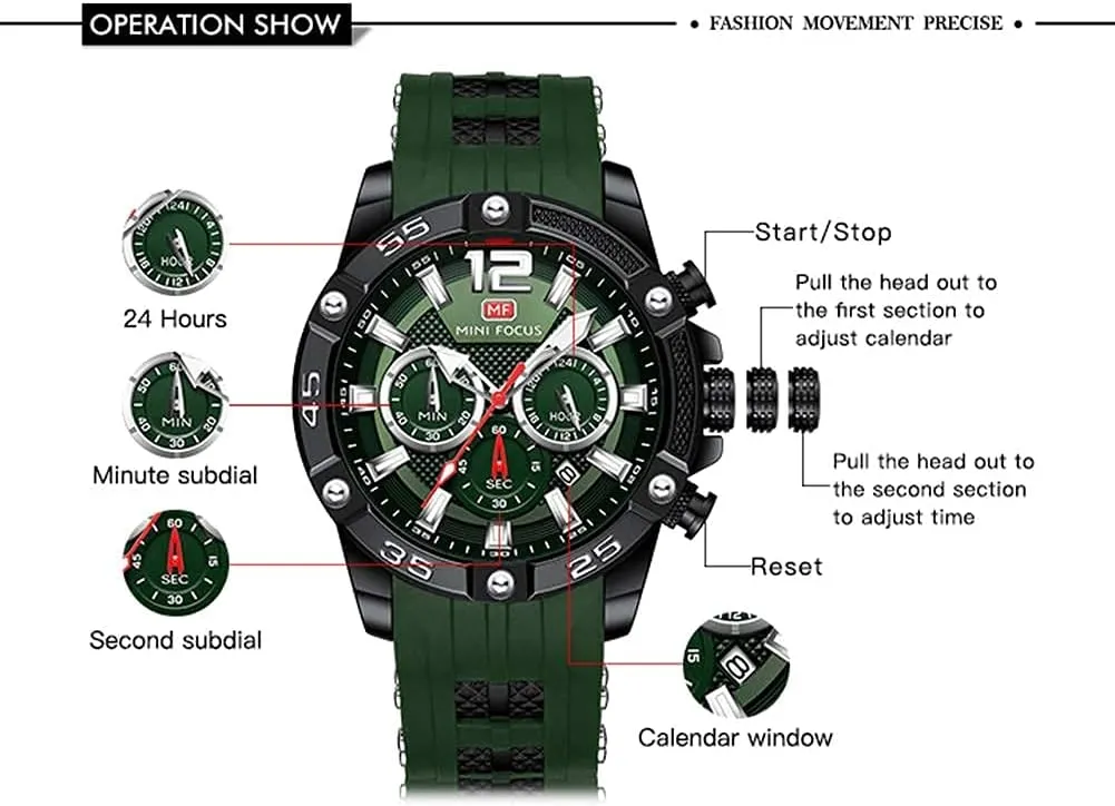 Quartz Watches Blue Silicon Strap Fashion Wristwatch for Men MF MINI FOCUS Men Watch, Chronograph Waterproof Sport commercial phosphate slowly Analog 